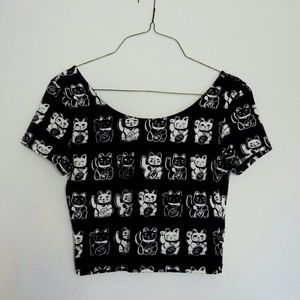 Black and White Lucky Cat Crop Top
