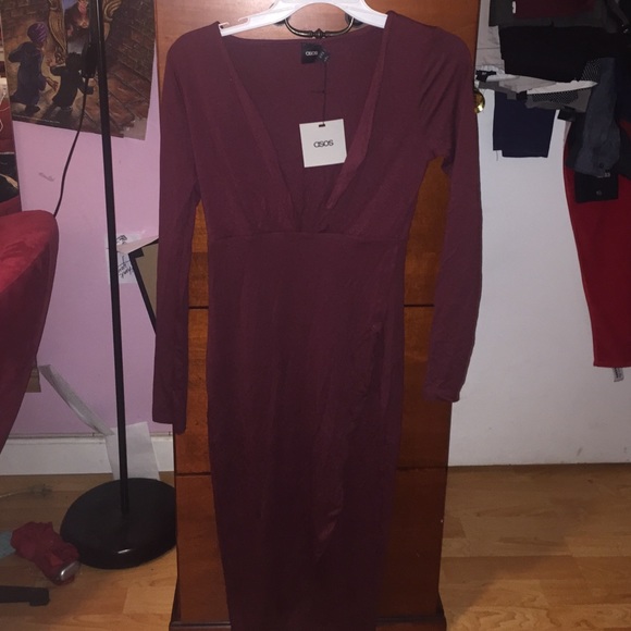 ASOS Deep v neck burgundy bodycon dress