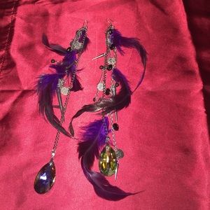 Long feather crystal earrings