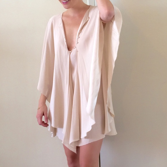 Halston Cream Silk Dress W/Kimono Sleeve SZ 42