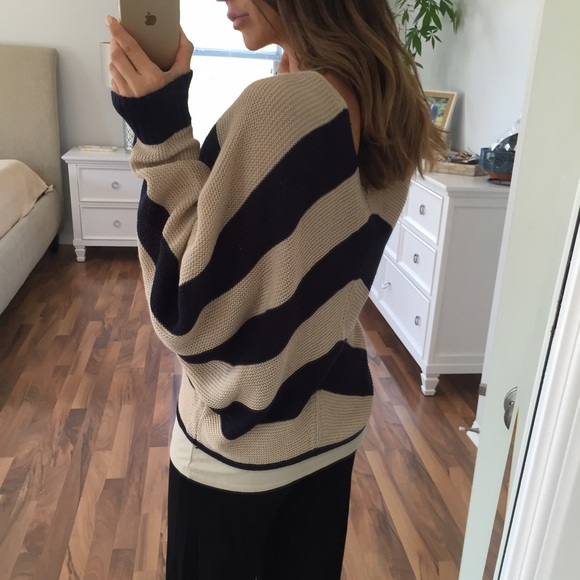 Sold • Navy & Taupe Striped Dolman Sweater - Picture 2 of 4