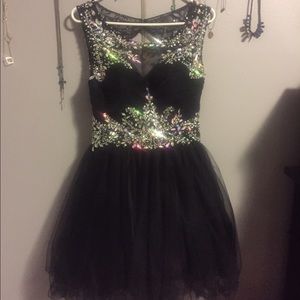 Black chiffon embellished short prom dress!