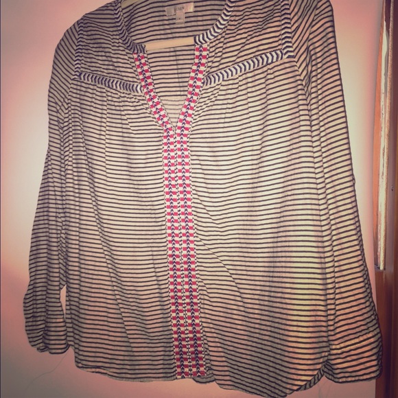 J. Crew Embroidered Striped Long Sleeve Blouse