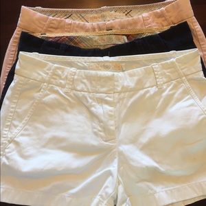 J. Crew chino shorts navy, white, and light pink