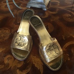 NWOT Tory Burch Gold Heeled Slides