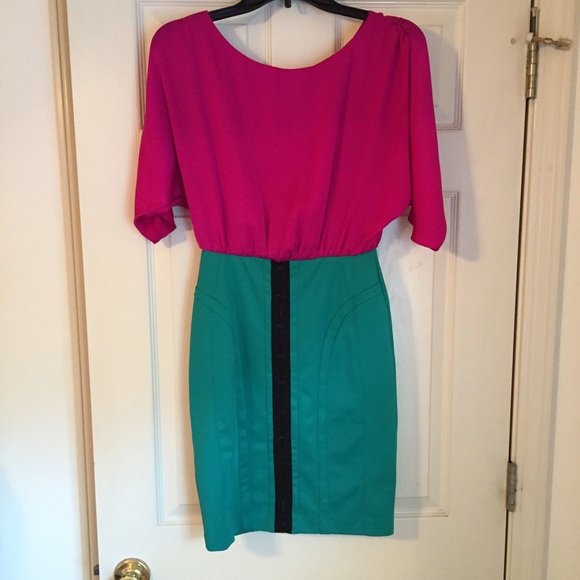 Fuchsia/Turquoise Colorblock Boutique Dress - Picture 4 of 4