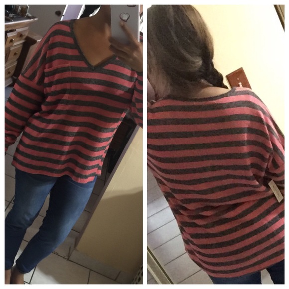 Rose Pink Grey Stripe Loose Long Back Sweater Fall