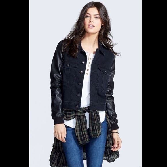 womens denim jacket with faux leather sleeves