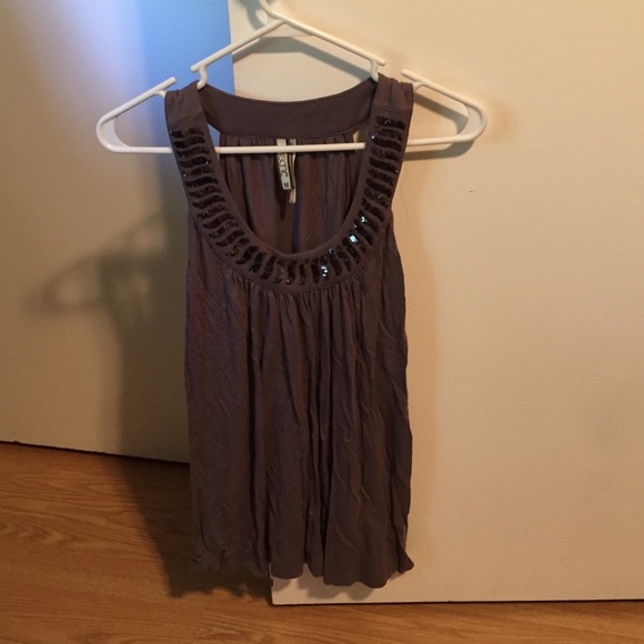 Heather grey tank top with sequins on the neckline