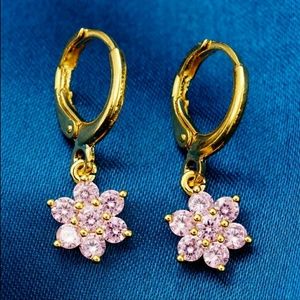 Real Gold Plated Pink Flower CZ Damgle Drop Earrin