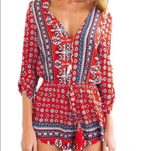 Boho Red Long Sleeve Romper
