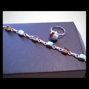 Larimar and Amber  ring, bracelet set