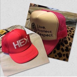 He>I and a pink hat snap backs