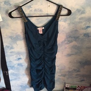 Teal Ruched dress with beaded straps