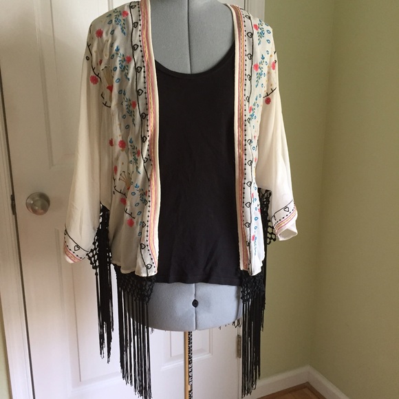 Embroidered Kimono with Fringe - Picture 1 of 3