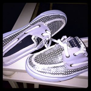 Sparkle sperry top sider silver boat shoes