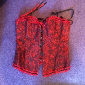 Red and Black Floral Boned Corset