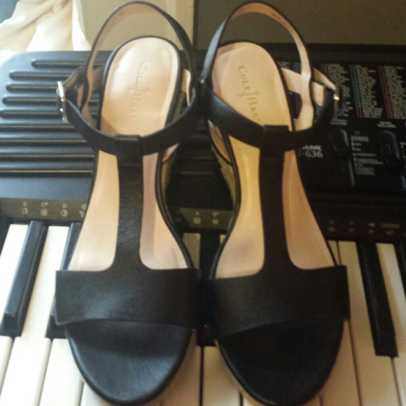 !!!Reduced! Black Leather Cole Haan T-Strap Wedges