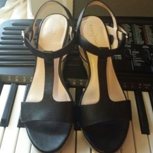 !!!Reduced! Black Leather Cole Haan T-Strap Wedges