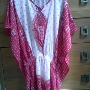 Red and white caftan sheer cover up
