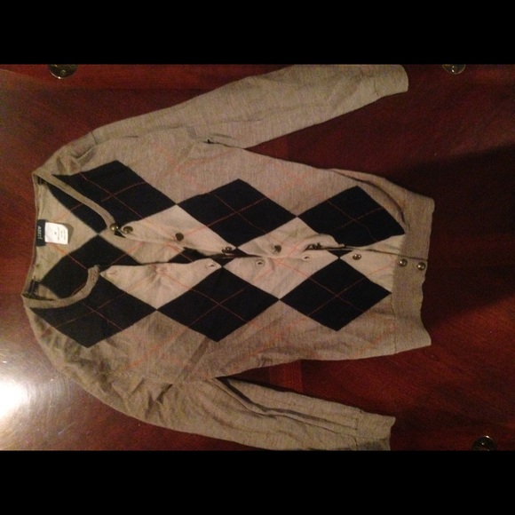 Camel and navy argyle sweater with orange detail