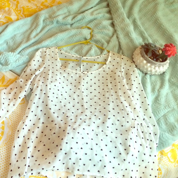 White sheer blouse with black heart polka dots