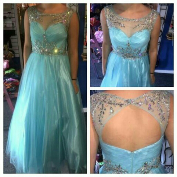 Bright blue mesh clear sleeves prom dress