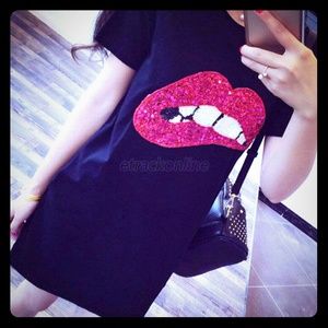 NWT Black Trendy Sequence Lip T-Shirt