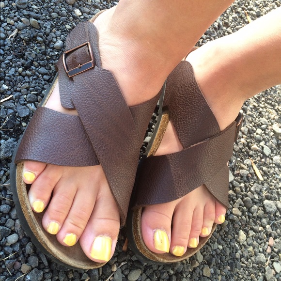 Brown criss cross Birkenstocks