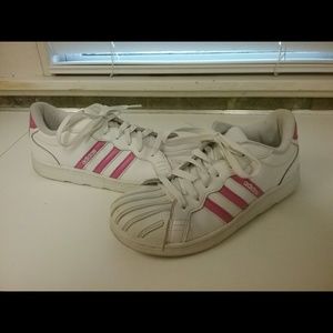 Adidas pink and white stripe sneakers