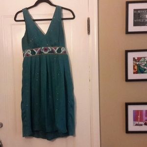 Teal silk dress with gold thread