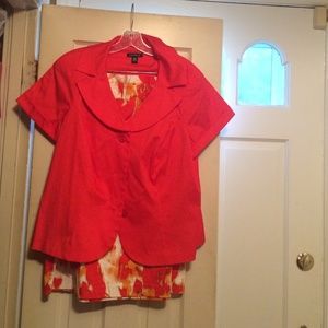 Le Bos orange & coral two piece skirt suit.