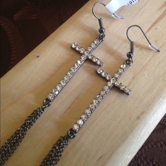 Dark Oxidized Crystal Cross Drop Earrings - Picture 2 of 3