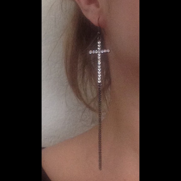 Dark Oxidized Crystal Cross Drop Earrings - Picture 3 of 3