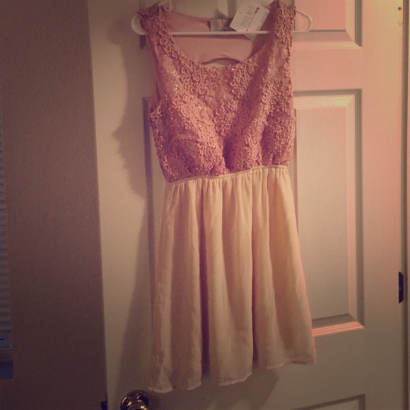 Blush pink chiffon and lace open back dress