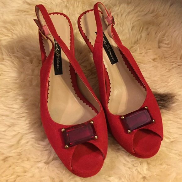 Beverly Feldman red sling back shoes with jewel.