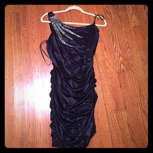 Navy blue one shoulder dress with rhinestones