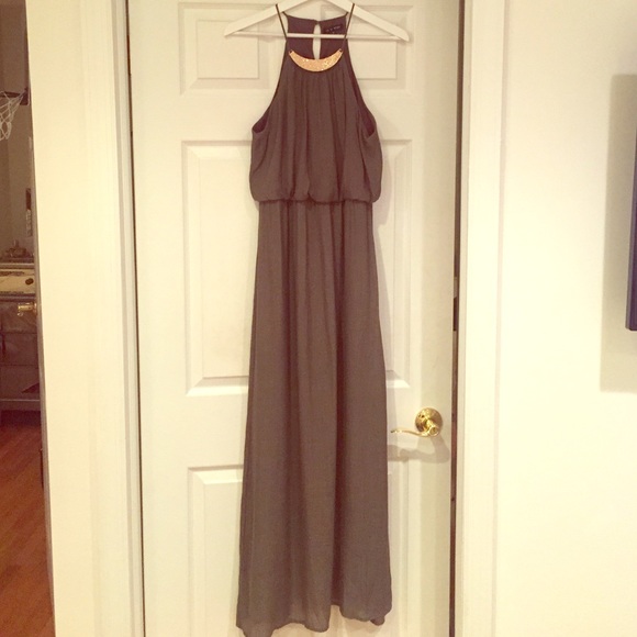 {olive maxi with gold plate neckline}