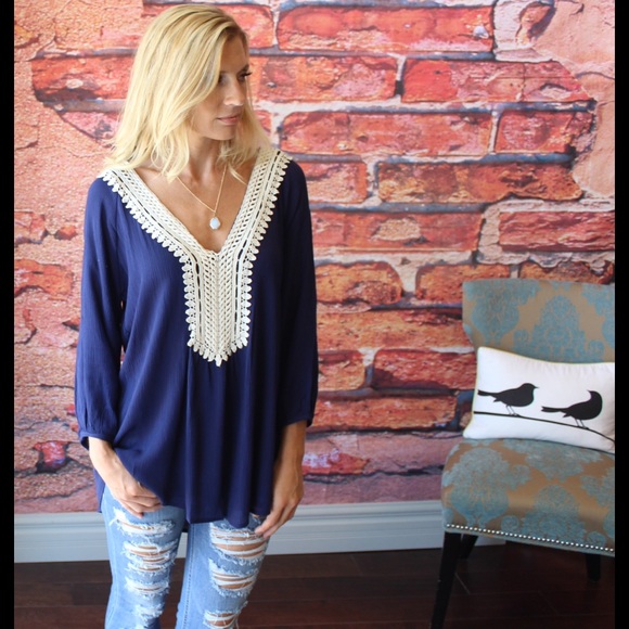 Tops - Navy front crochet detail tunic
