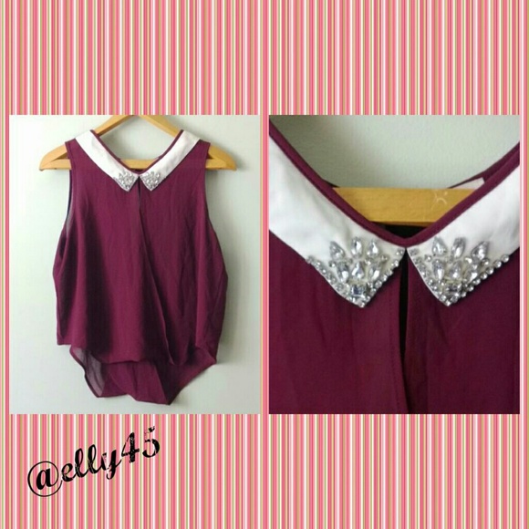 Tops - ❤Sheer Wine Surplice Top w/Bejeweled Collar❤