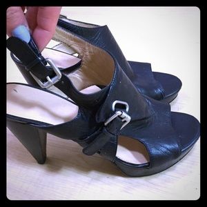 Nine West Black Open Toe Leather Slingback Heels