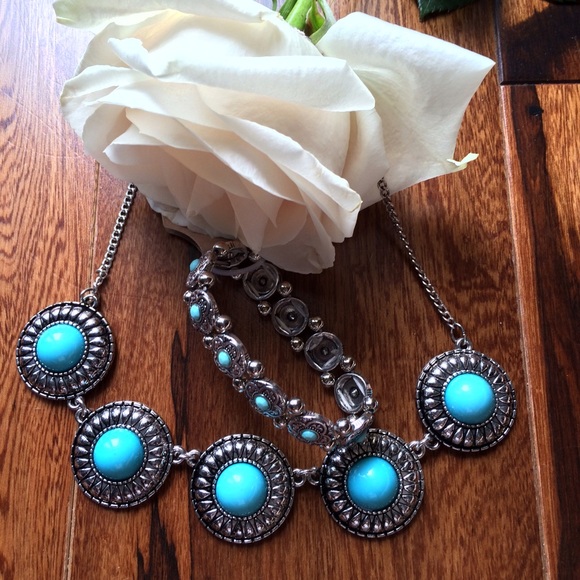 Silver Curb Chain Necklace & Bracelet, Turquoise - Picture 2 of 4