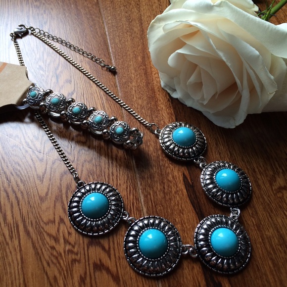 Silver Curb Chain Necklace & Bracelet, Turquoise - Picture 3 of 4