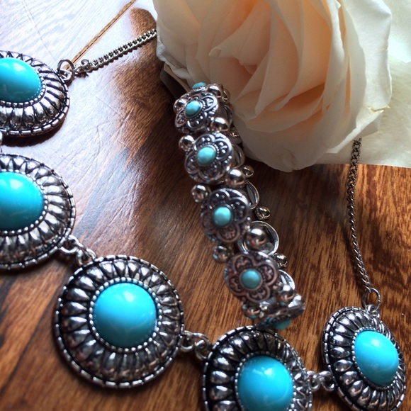 Silver Curb Chain Necklace & Bracelet, Turquoise - Picture 4 of 4