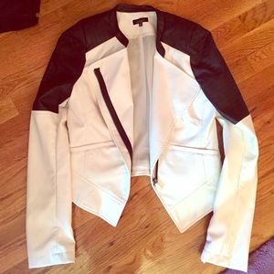 Black and white leather motorcycle jacket