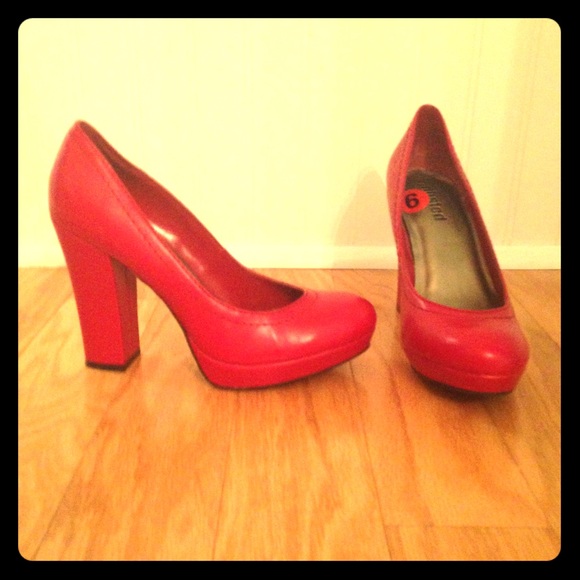 Red chunky heels by Unlisted.