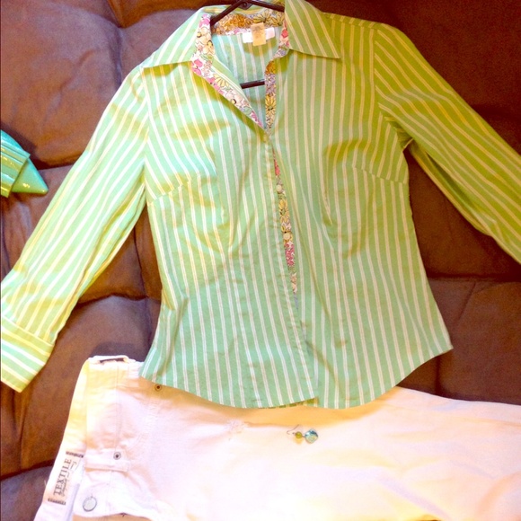 Green striped button down blouse