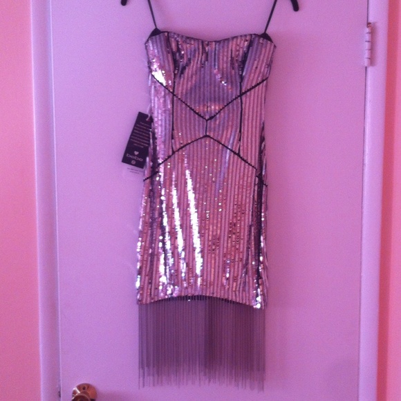 Bebe Gunmetal/Silver Sequin Fringe Dress