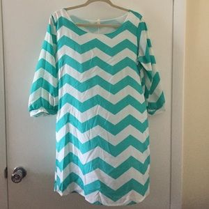 TEAL AND WHITE CHEVRON SHIFT DRESS