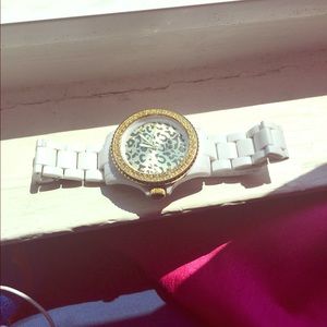 Kathy Van Zealand White with Cheetah Print Watch
